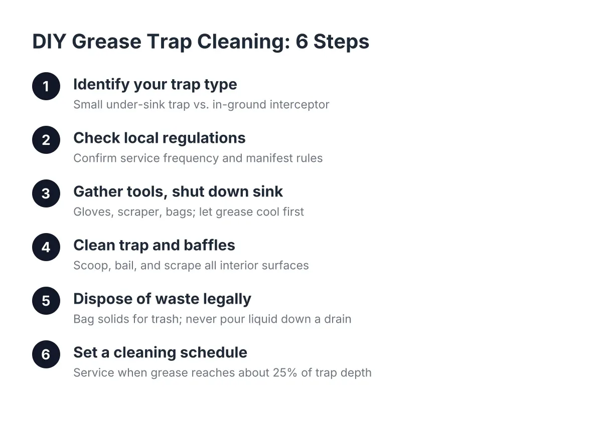 Flowchart of six steps for DIY grease trap cleaning from ID to scheduling