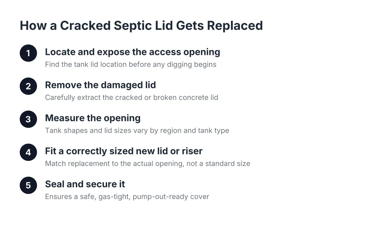 Process steps showing septic tank lid replacement from exposure to sealing