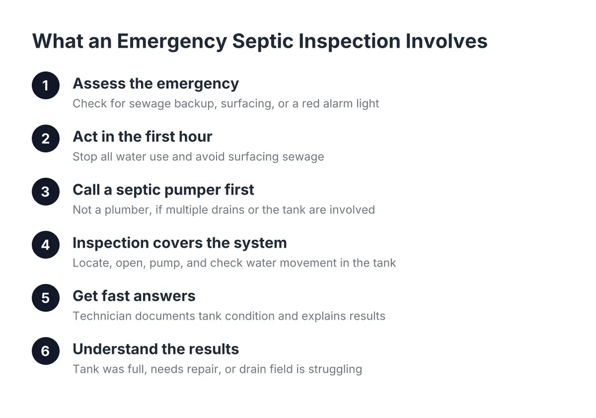 Steps in an emergency septic inspection from first signs to final diagnosis