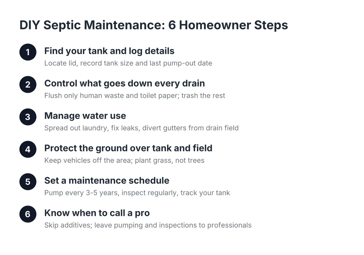 Six-step diagram of DIY septic maintenance tasks for homeowners, from finding the tank to calling a