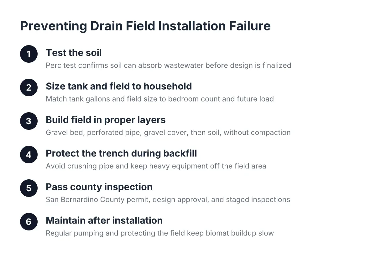 Process steps showing how to prevent drain field installation failure in Fontana, CA