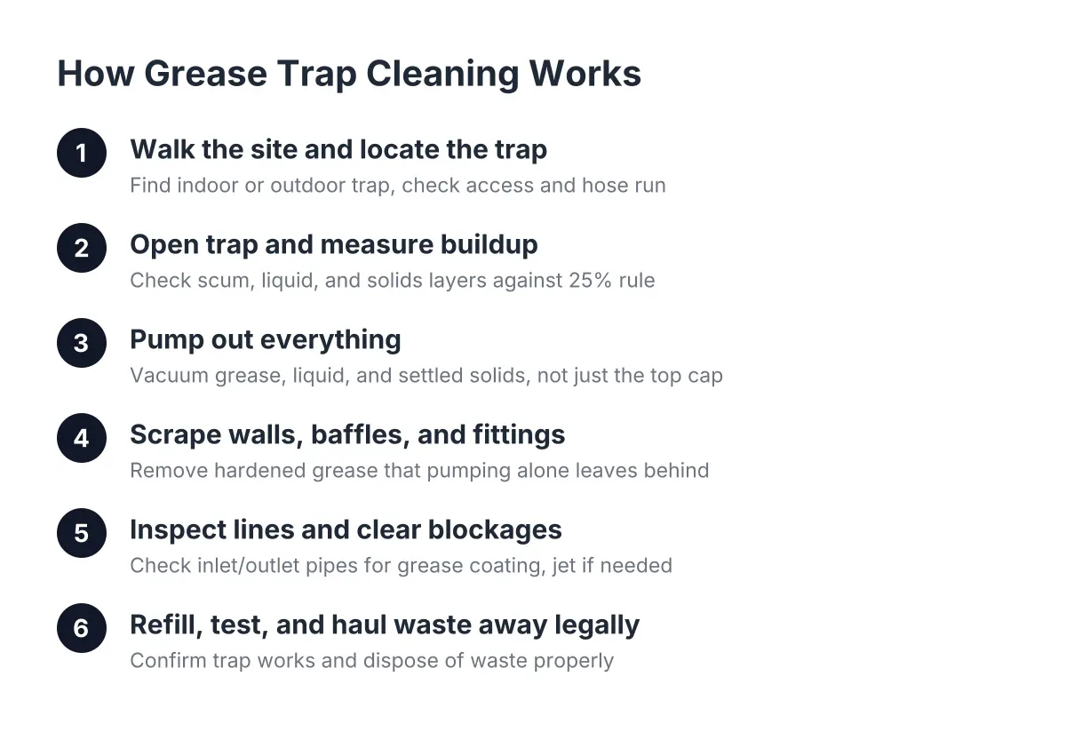 Diagram of six steps in a grease trap cleaning process, from locating to hauling waste