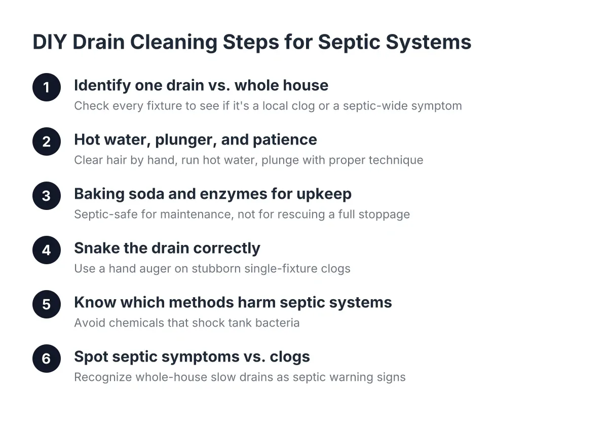 Numbered steps for diy drain cleaning septic systems safely without damage