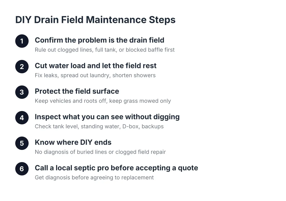 Flowchart of DIY drain field maintenance steps from diagnosis to calling a septic pro