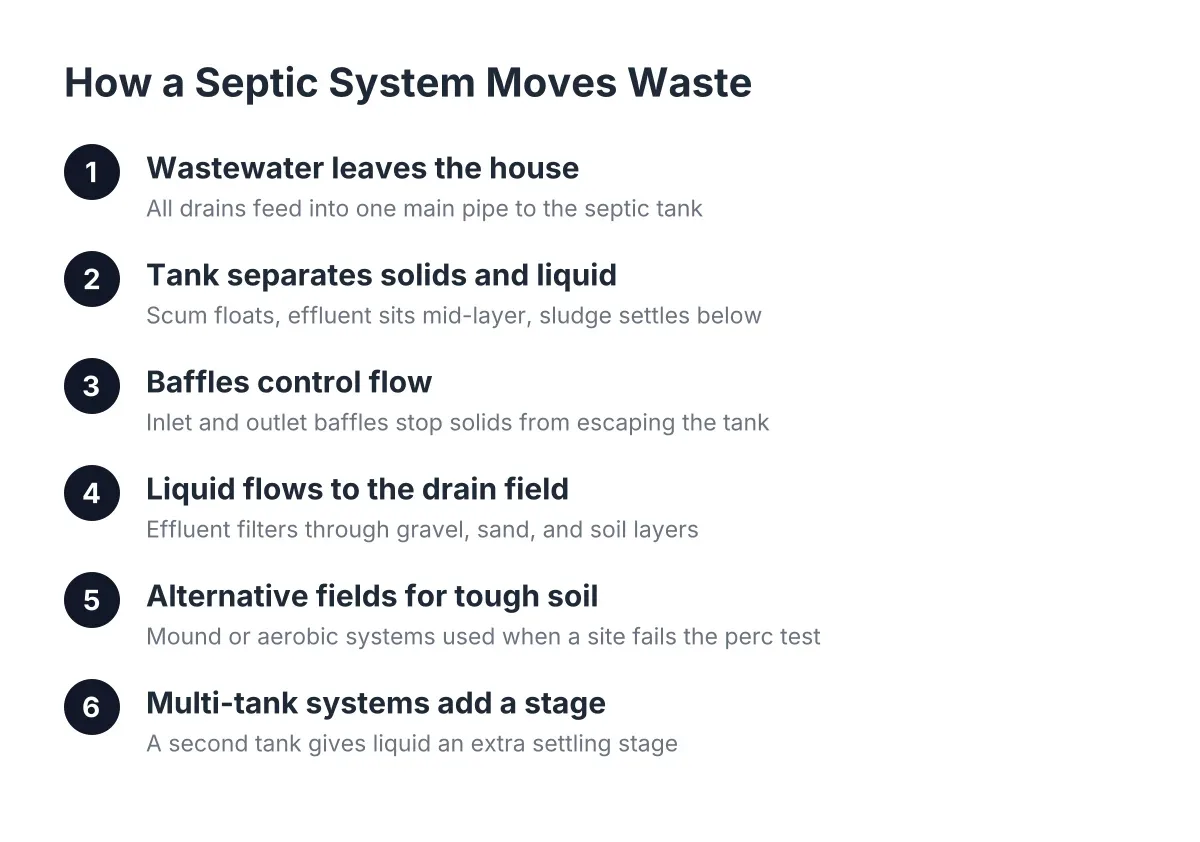 Diagram of steps showing how septic systems work from house pipe to drain field