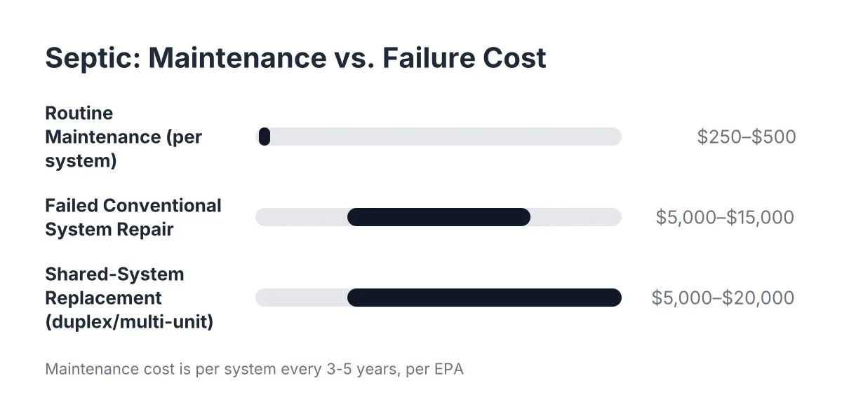 Bar chart comparing septic maintenance contract cost to septic system failure repair cost