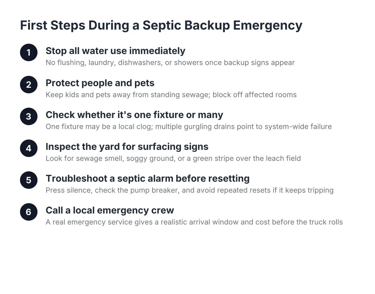 Process diagram showing steps for septic backup emergency response at home