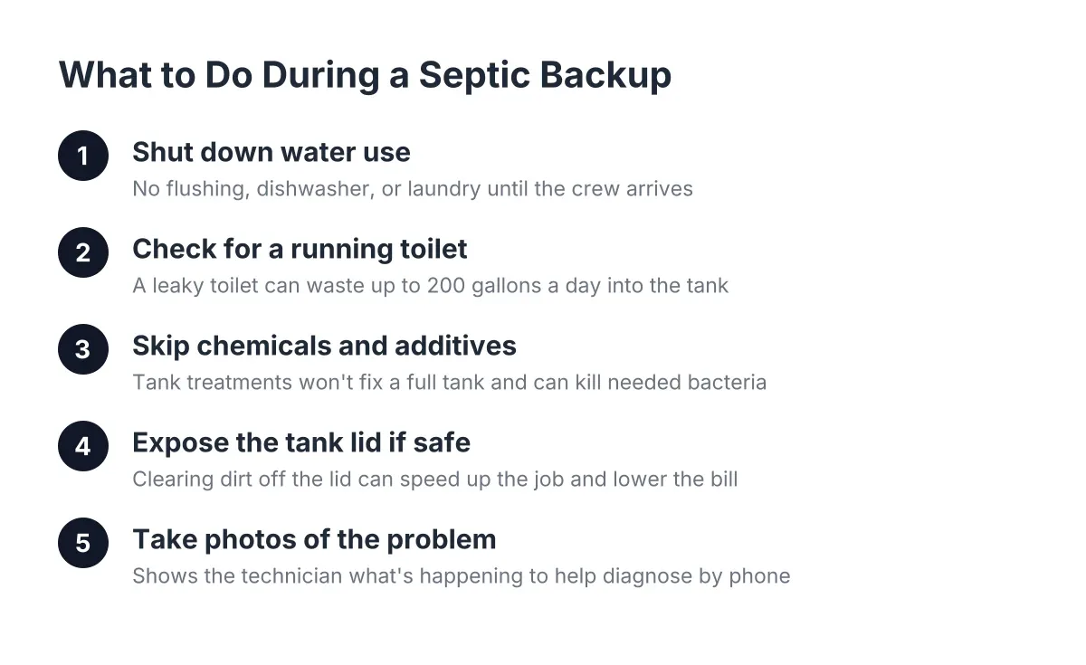 Process diagram showing five steps for handling a septic backup after hours