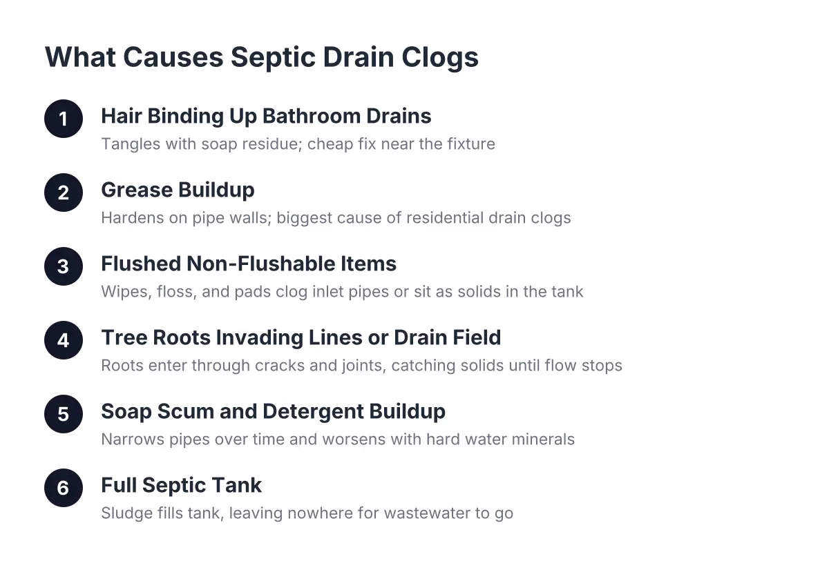 Diagram showing common septic drain clog causes from hair to a full septic tank